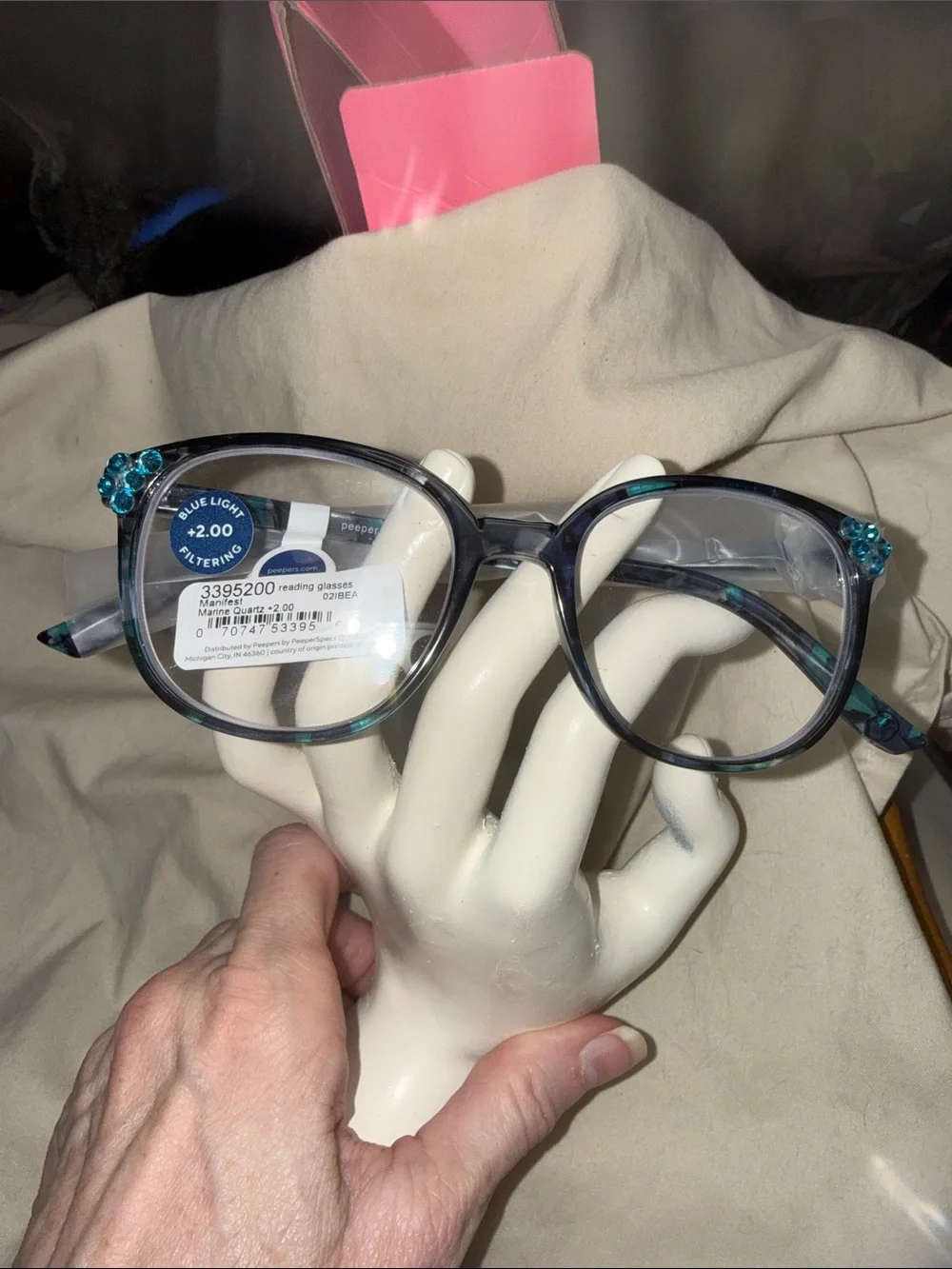 Blue Light Filtering MARINE QUARTZ reading glasses - Teal Floral Accent NEW